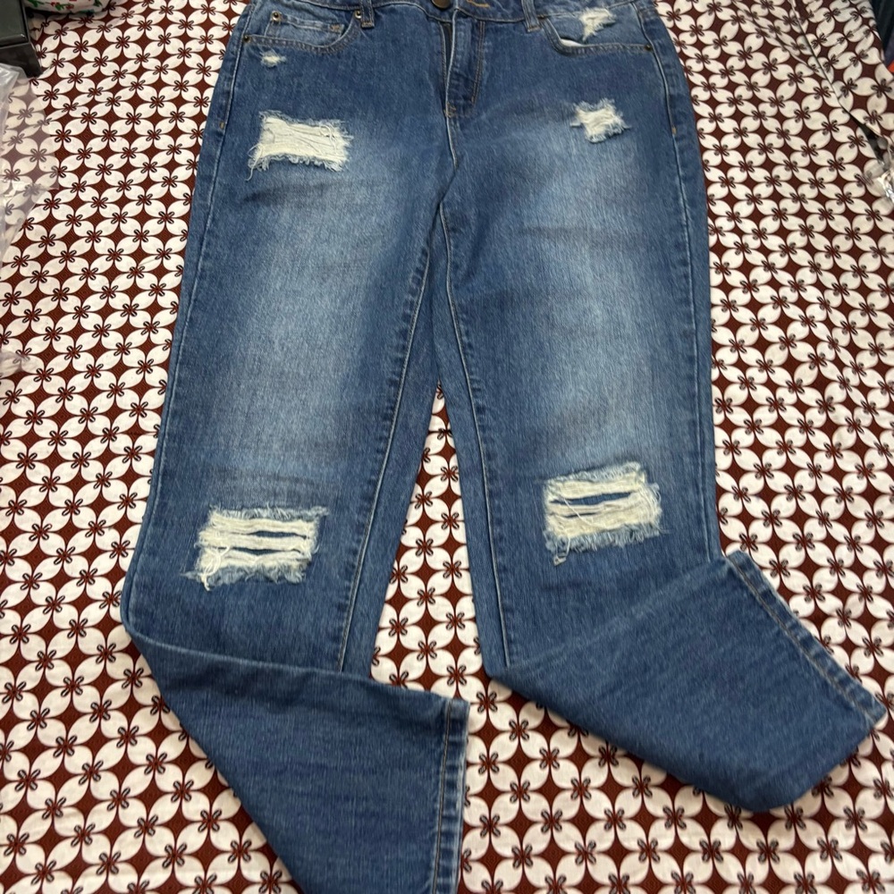 Blue Distressed patchwork High Rise Jeans - Picture 2 of 11
